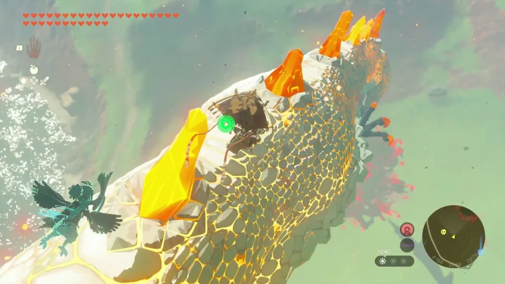 Dinraal's scaled back with orange spikes seen from a glider beside the flank Dinraal's scaled back with orange spikes seen from a glider beside the flank