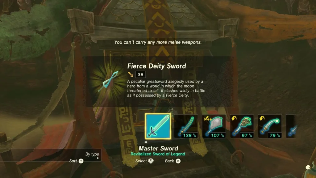 Fierce Deity Sword shown in the weapons menu at the hidden room Fierce Deity Sword shown in the weapons menu at the hidden room