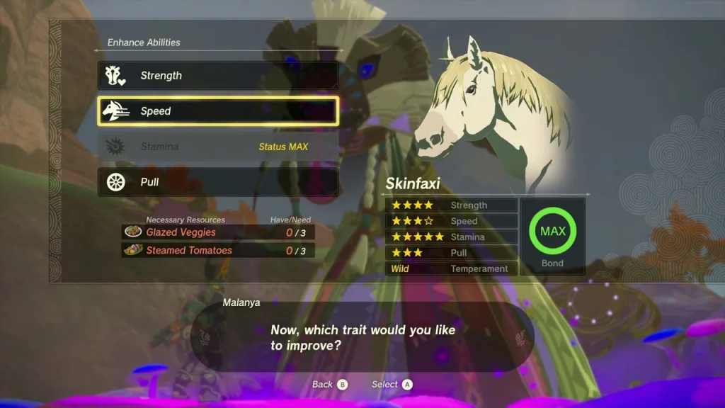 Malanya's menu for enhancing a horse's Strength, Speed or Pull Malanya's menu for enhancing a horse's Strength, Speed or Pull