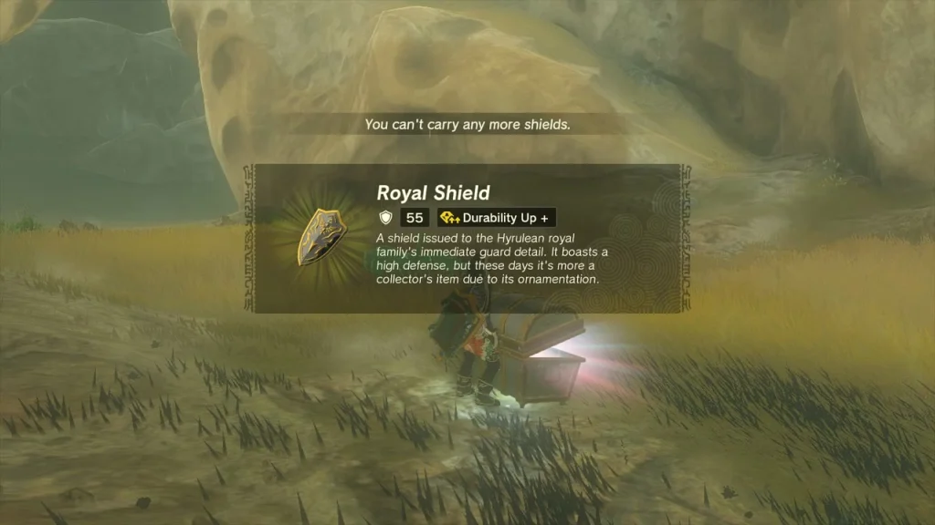 Royal Shield item box above a chest in the rocky hollow Royal Shield item box above a chest in the rocky hollow