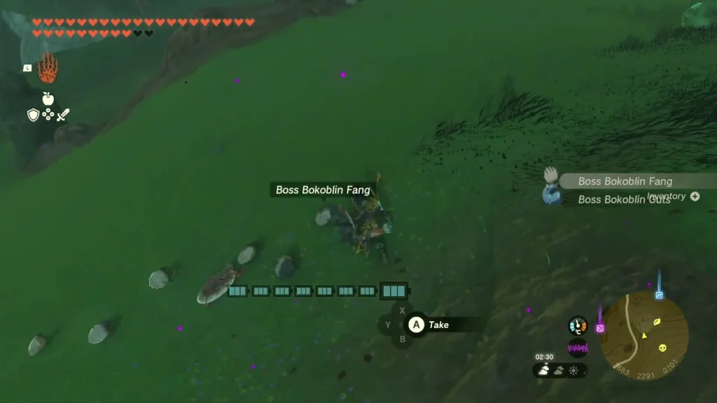 Boss Bokoblin Fang and Horn drops left on the hillside Boss Bokoblin Fang and Horn drops left on the hillside