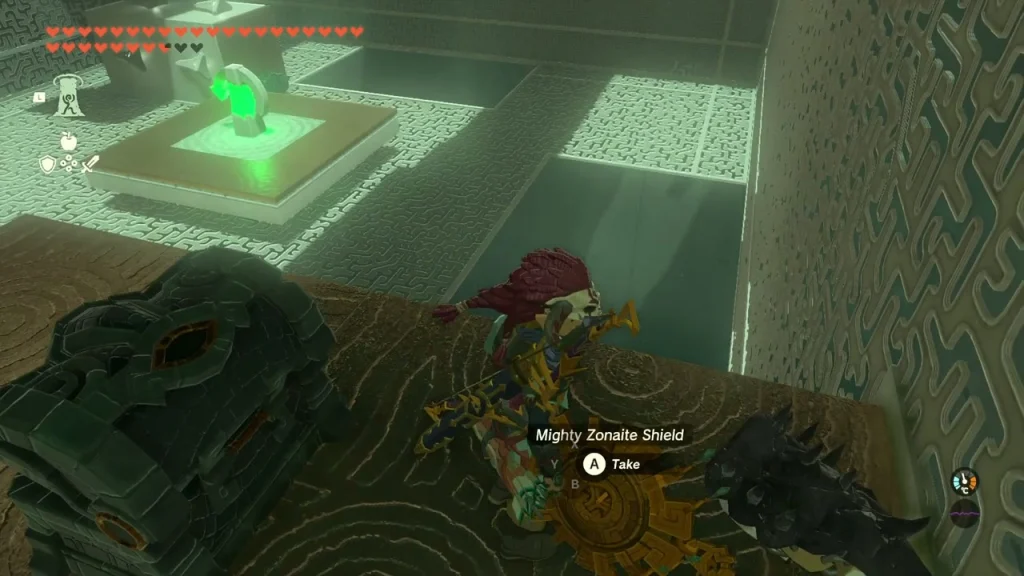 Mighty Zonaite Shield chest on a ledge in Domizuin Shrine Mighty Zonaite Shield chest on a ledge in Domizuin Shrine