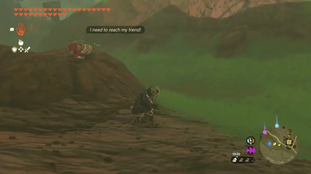 Exhausted Korok asking for help to reach its friend on a dirt rise Exhausted Korok asking for help to reach its friend on a dirt rise