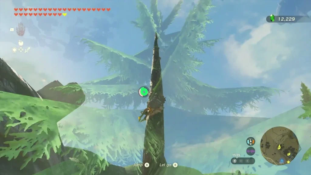 Climbing the trunk of a tall pine tree toward a Korok on its top Climbing the trunk of a tall pine tree toward a Korok on its top