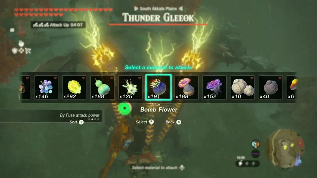 Fusing a Bomb Flower to an arrow facing a Thunder Gleeok in the rain Fusing a Bomb Flower to an arrow facing a Thunder Gleeok in the rain