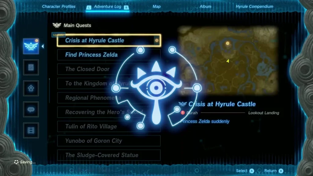 Adventure log with Crisis at Hyrule Castle as the active main quest Adventure log with Crisis at Hyrule Castle as the active main quest