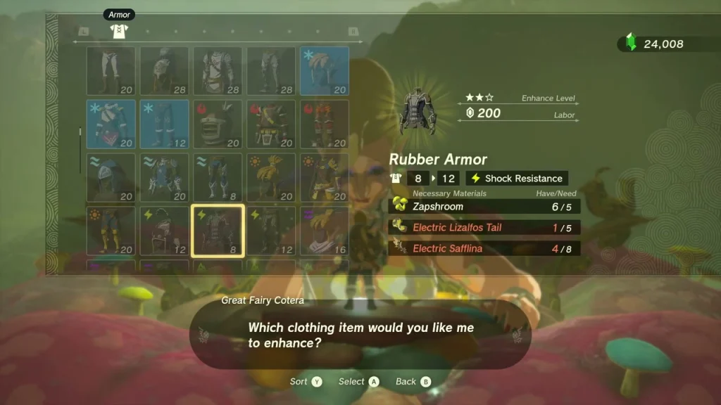 Rubber Armor upgrade requiring Zapshroom, Lizalfos Tail and Safflina Rubber Armor upgrade requiring Zapshroom, Lizalfos Tail and Safflina
