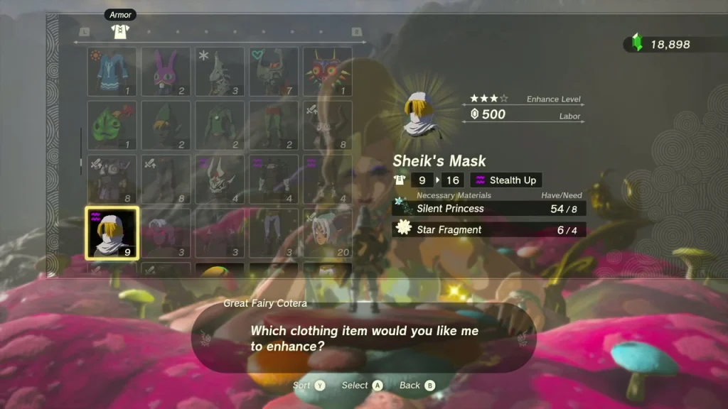Sheik's Mask upgrade requiring Silent Princess and Star Fragments Sheik's Mask upgrade requiring Silent Princess and Star Fragments
