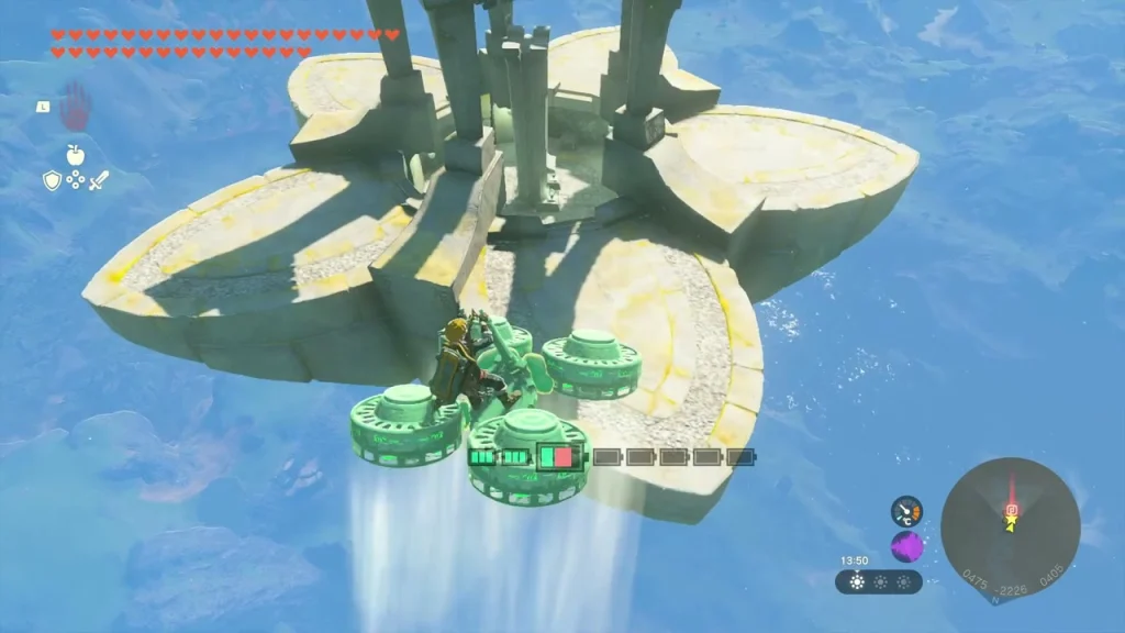 Petal-shaped sky island with a ruined pillar frame holding the first tablet Petal-shaped sky island with a ruined pillar frame holding the first tablet