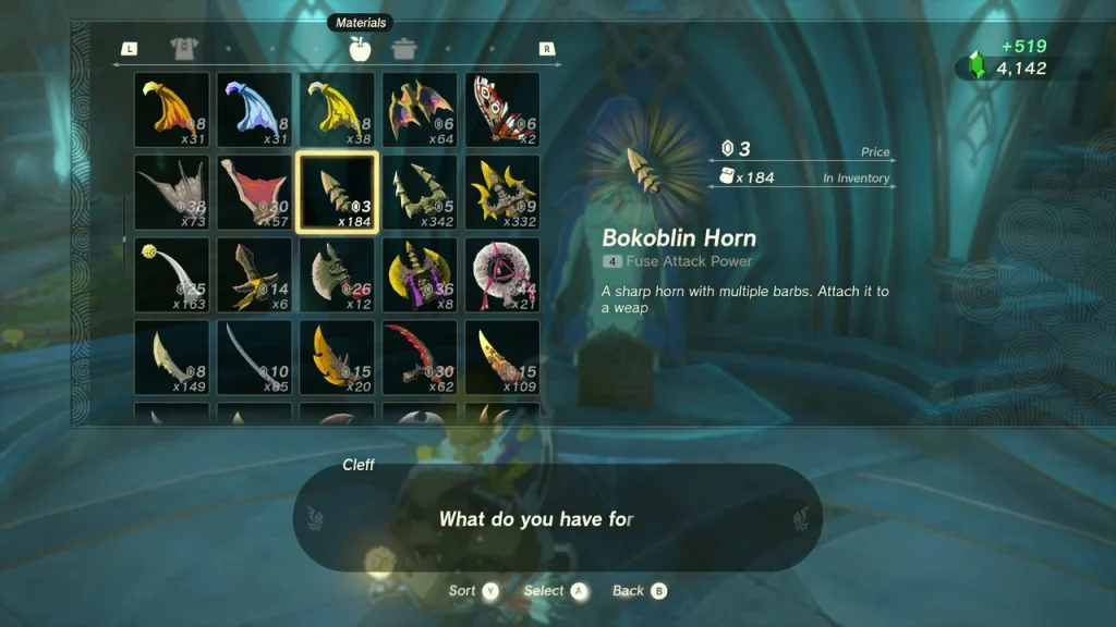Selling Bokoblin Horns in the Zora's Domain shop Selling Bokoblin Horns in the Zora's Domain shop