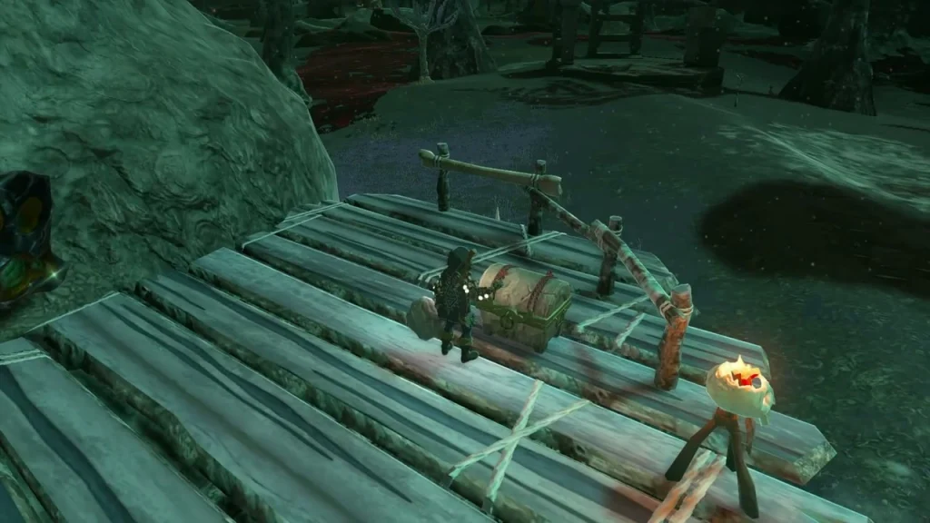 Chest on the wooden platform beside a lit torch Chest on the wooden platform beside a lit torch