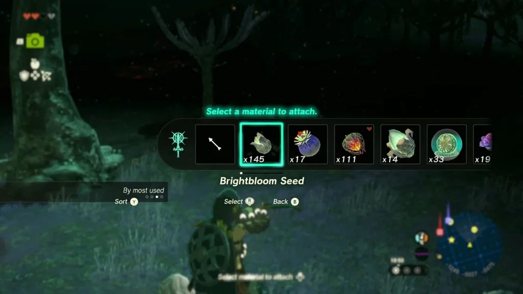 Brightbloom Seed selected to attach to an arrow before shooting into the dark Depths Brightbloom Seed selected to attach to an arrow before shooting into the dark Depths