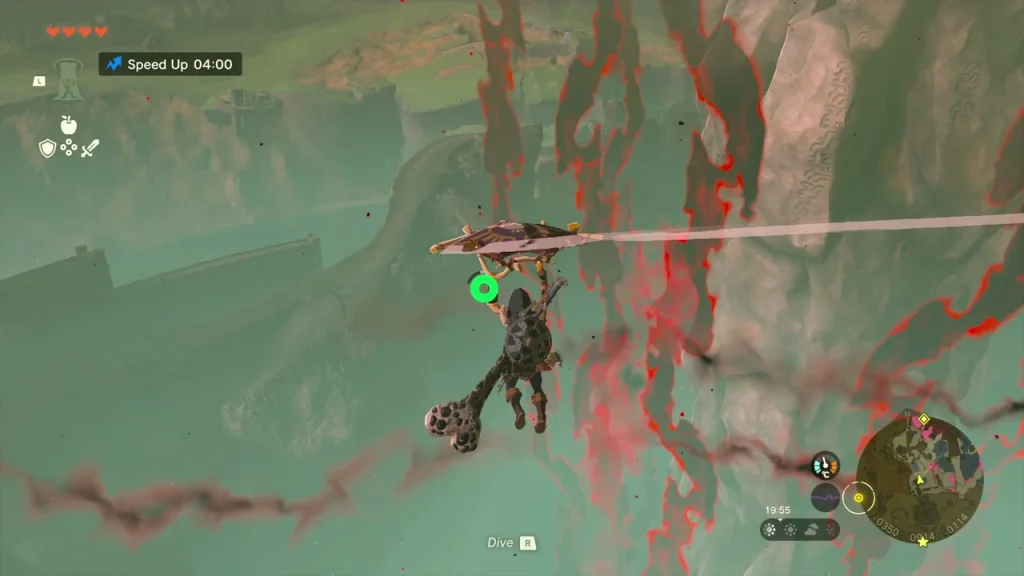 Gliding along the cliff below Hyrule Castle with red gloom streaking the rock Gliding along the cliff below Hyrule Castle with red gloom streaking the rock
