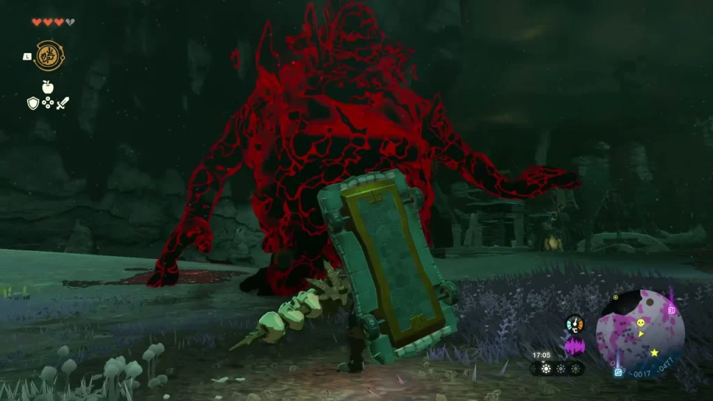 Hinox in a gloom-red outline seen from behind a large shield Hinox in a gloom-red outline seen from behind a large shield