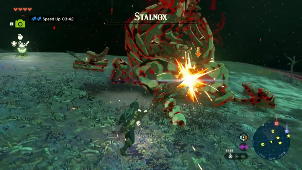 Stalnox struck on its glowing weak spot, sparks bursting from its body Stalnox struck on its glowing weak spot, sparks bursting from its body