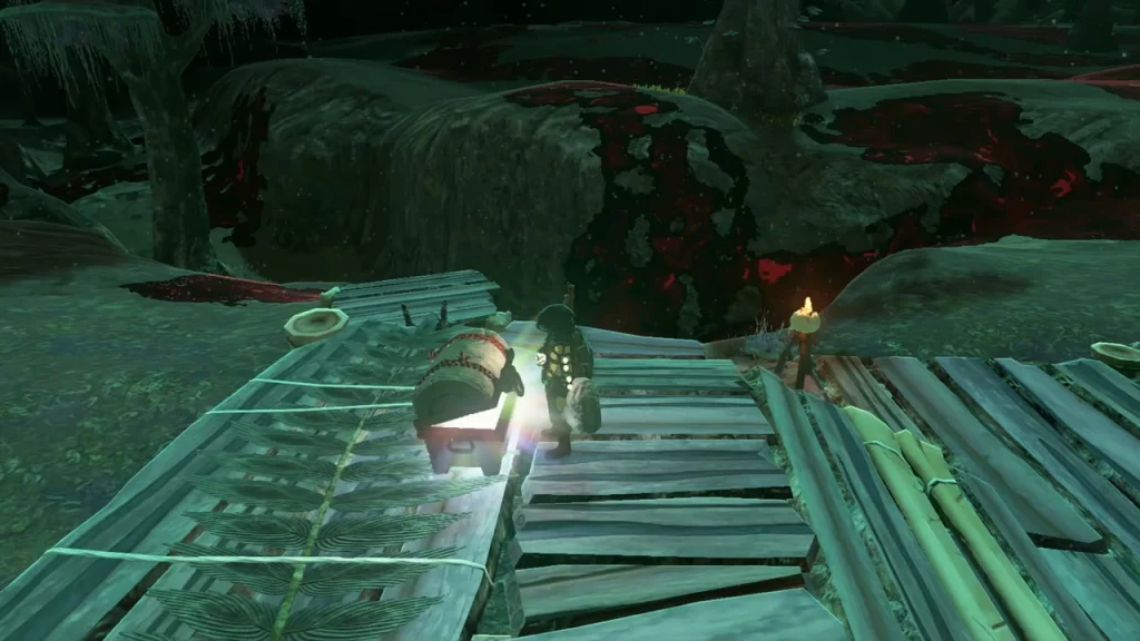 Chest standing open on the wooden platform beside a torch Chest standing open on the wooden platform beside a torch