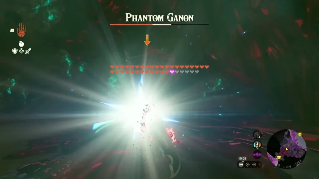 Phantom Ganon engulfed in flames in a stone tunnel of the Depths Phantom Ganon engulfed in flames in a stone tunnel of the Depths