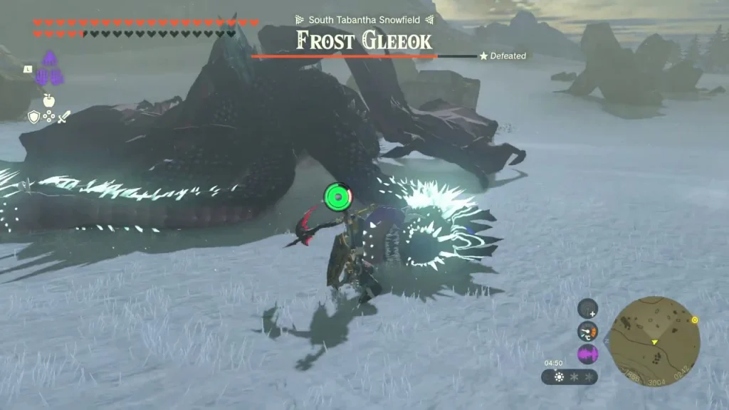 Frost Gleeok in the South Tabantha Snowfield with its health bar above Frost Gleeok in the South Tabantha Snowfield with its health bar above