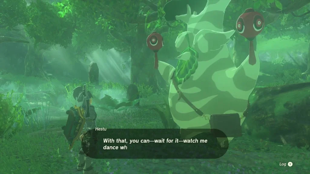 Hestu standing in the green Korok Forest clearing holding his maracas Hestu standing in the green Korok Forest clearing holding his maracas