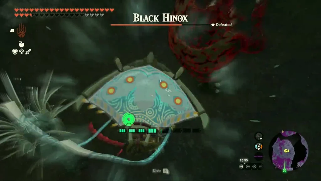Black Hinox lunging forward in the Depths with its health bar shown Black Hinox lunging forward in the Depths with its health bar shown