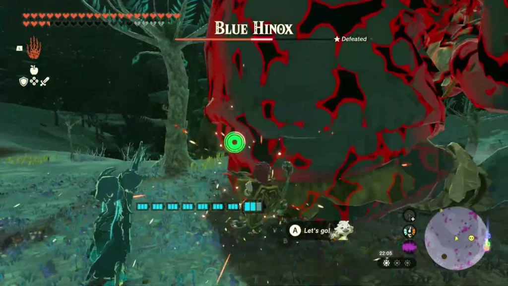Blue Hinox fight in the Depths among red gloom pools Blue Hinox fight in the Depths among red gloom pools