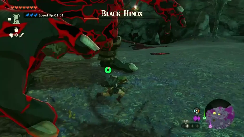 Black Hinox raising its arm in a gloom-streaked clearing Black Hinox raising its arm in a gloom-streaked clearing
