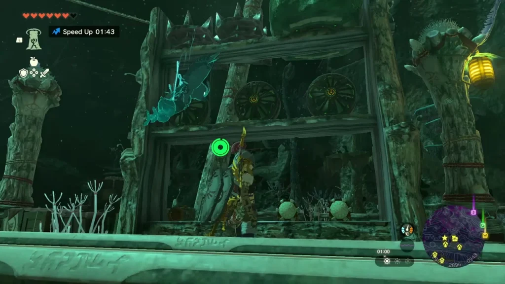 Wooden Yiga scaffold tower with cogs and lanterns on the cliff wall Wooden Yiga scaffold tower with cogs and lanterns on the cliff wall
