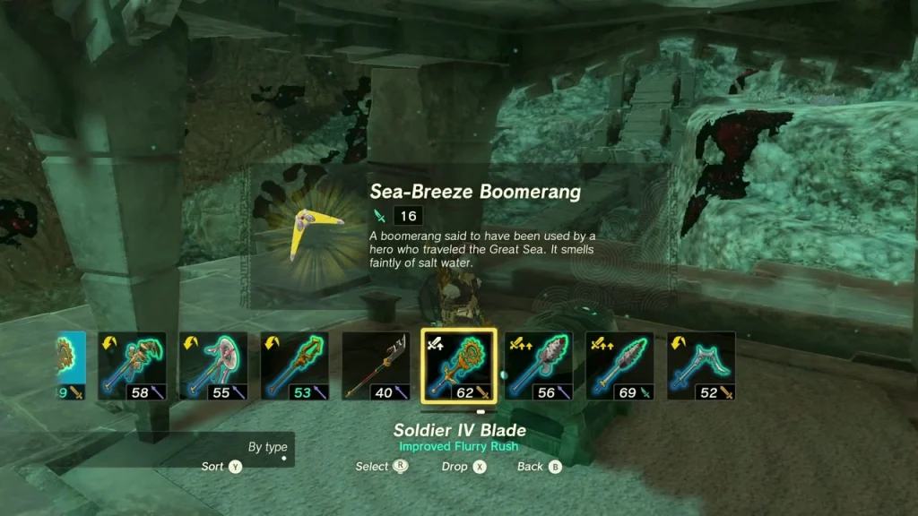 Sea-Breeze Boomerang item box beside the open mine chest Sea-Breeze Boomerang item box beside the open mine chest