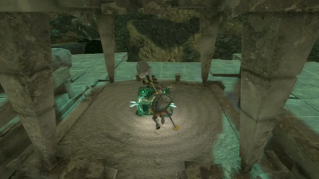 Green chest on a pillared sand-floored stone platform inside Corvash Canyon Mine Green chest on a pillared sand-floored stone platform inside Corvash Canyon Mine