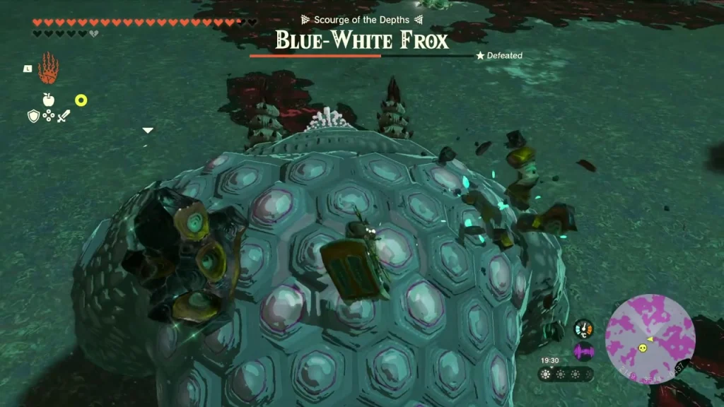 Blue-White Frox name bar over the huge shelled monster