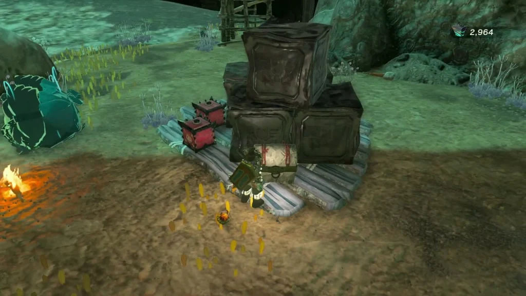 Wooden chests in a lantern-lit camp in the Depths