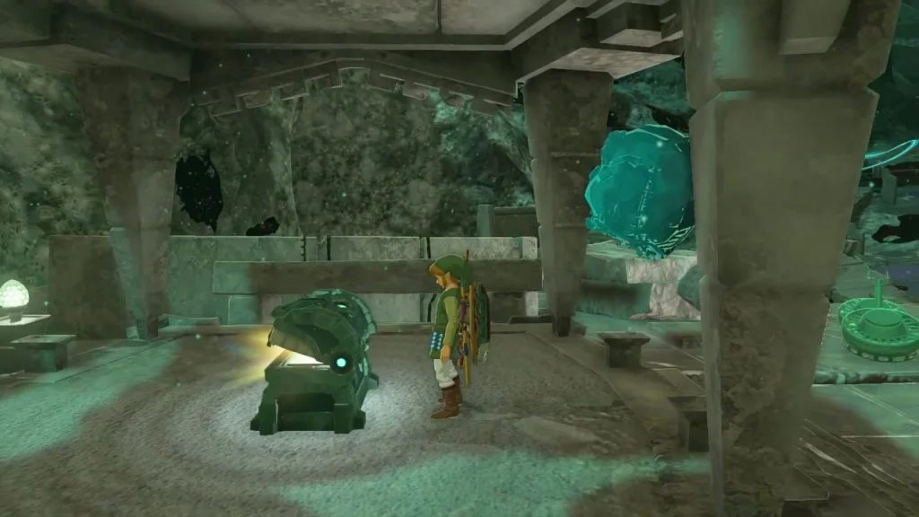 Chest glowing in a ruined hall with torchlight