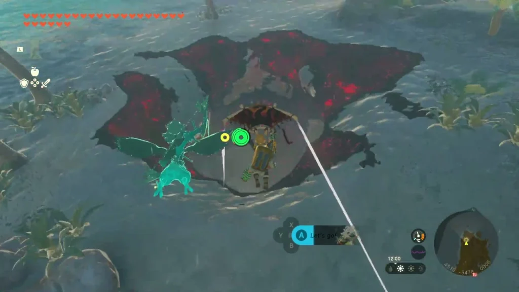 Glider over Eventide Island beaches above a dark red chasm hole