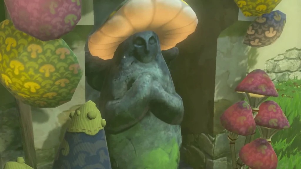 Goddess Statue with mushroom decorations at Hateno Village