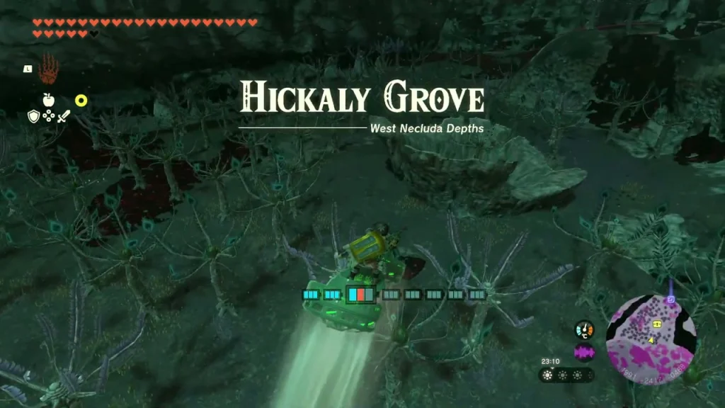 Hickaly Grove title over the dead trees of the Depths