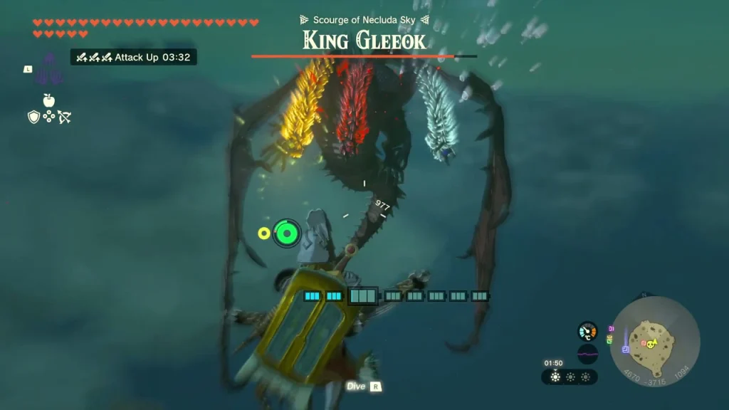 King Gleeok heads rearing as the glider circles it