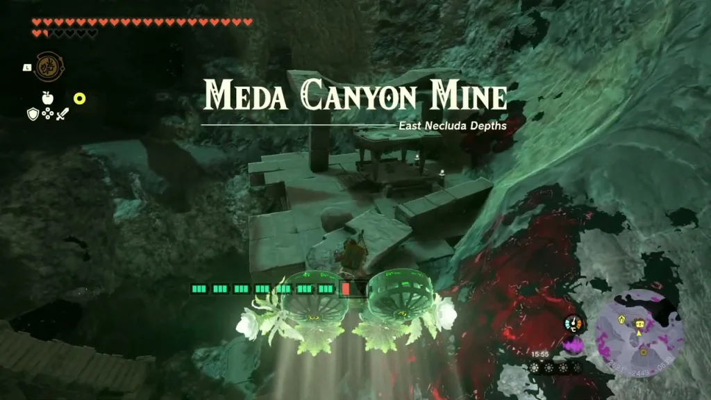 Meda Canyon Mine title over the hoverbike in the dark mine