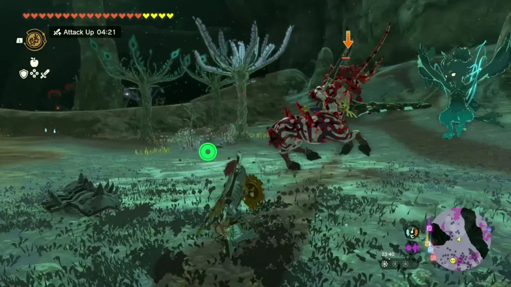 Armored Silver Lynel with a red-orange arrow marker in a grove of pale trees Armored Silver Lynel with a red-orange arrow marker in a grove of pale trees