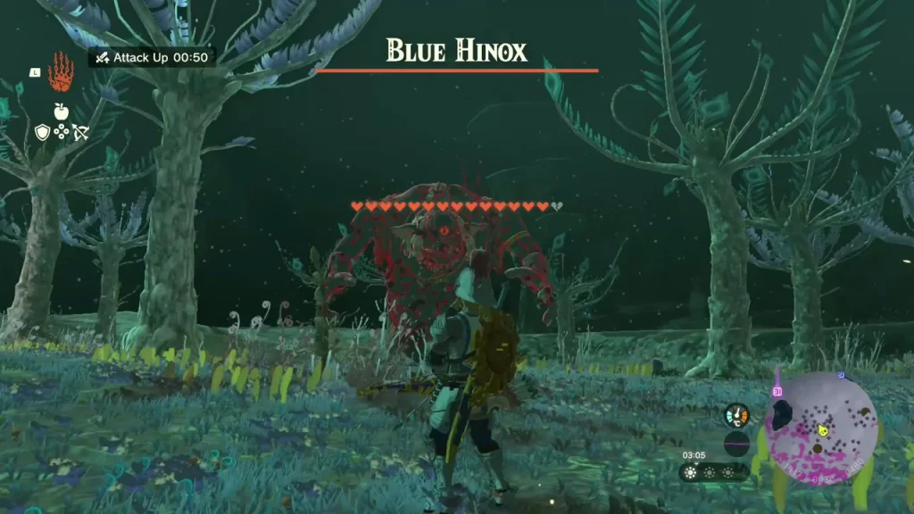 Blue Hinox health bar over a Hinox in a dark grove of bare trees Blue Hinox health bar over a Hinox in a dark grove of bare trees