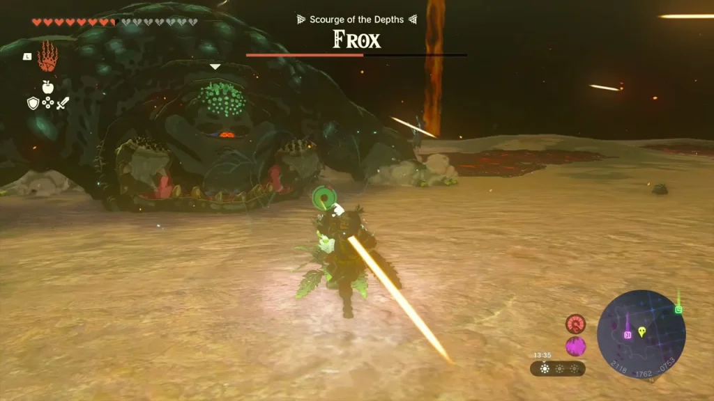 Frox health bar over a dark Frox on pale sand in the Depths Frox health bar over a dark Frox on pale sand in the Depths