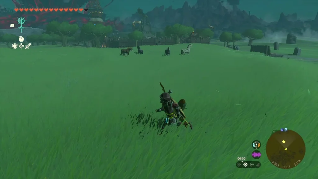 Horses grazing across the open grass of Hyrule Field west of Lookout Landing Horses grazing across the open grass of Hyrule Field west of Lookout Landing