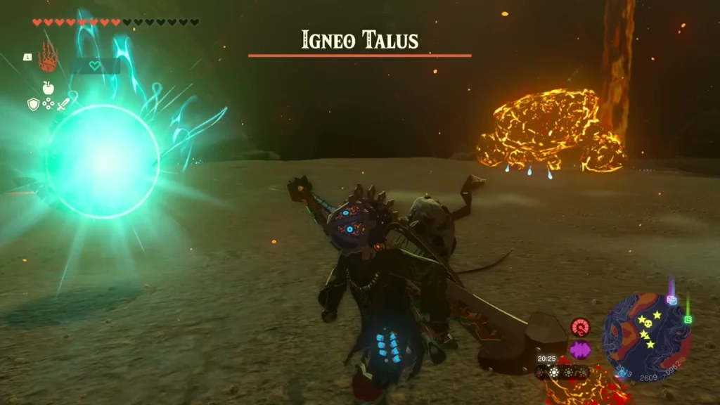 Igneo Talus health bar with a blue spark of a Zonai device nearby Igneo Talus health bar with a blue spark of a Zonai device nearby