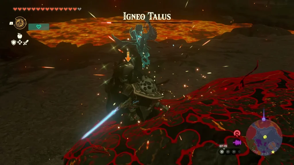 Igneo Talus ore weak point struck while the Depths lava glows around it Igneo Talus ore weak point struck while the Depths lava glows around it