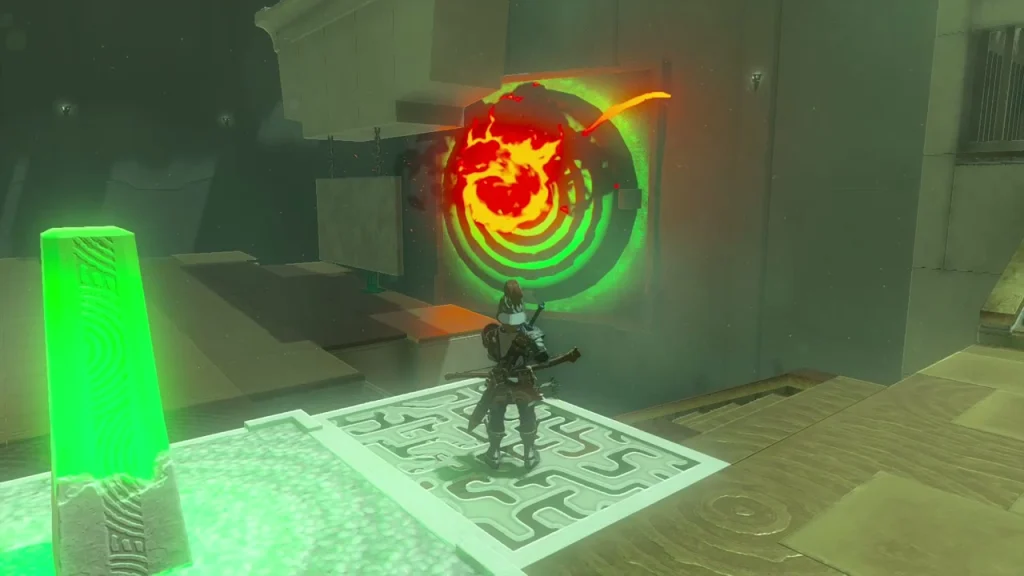 Fire Fruit hit exploding on a target in Mayachin Shrine's puzzle room Fire Fruit hit exploding on a target in Mayachin Shrine's puzzle room