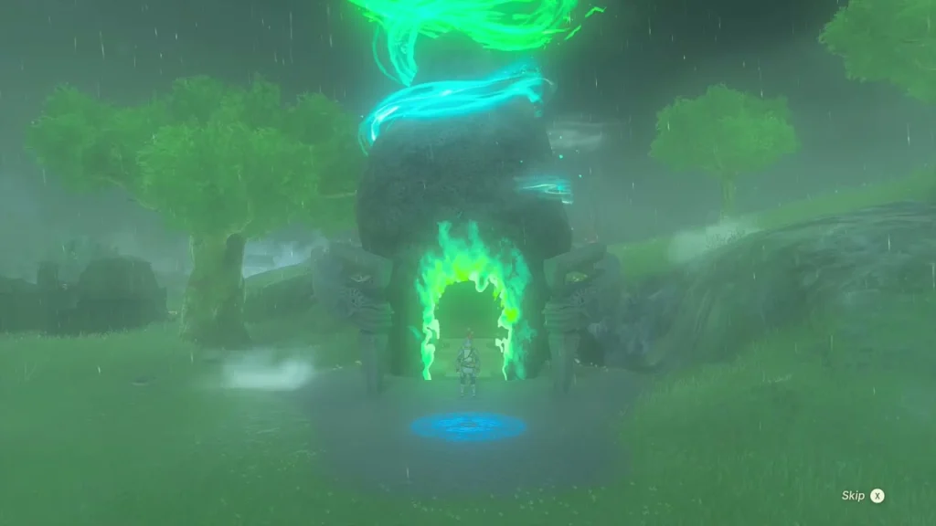 Green glow of Mayachin Shrine's doorway at the base of a tree in Hyrule Field Green glow of Mayachin Shrine's doorway at the base of a tree in Hyrule Field