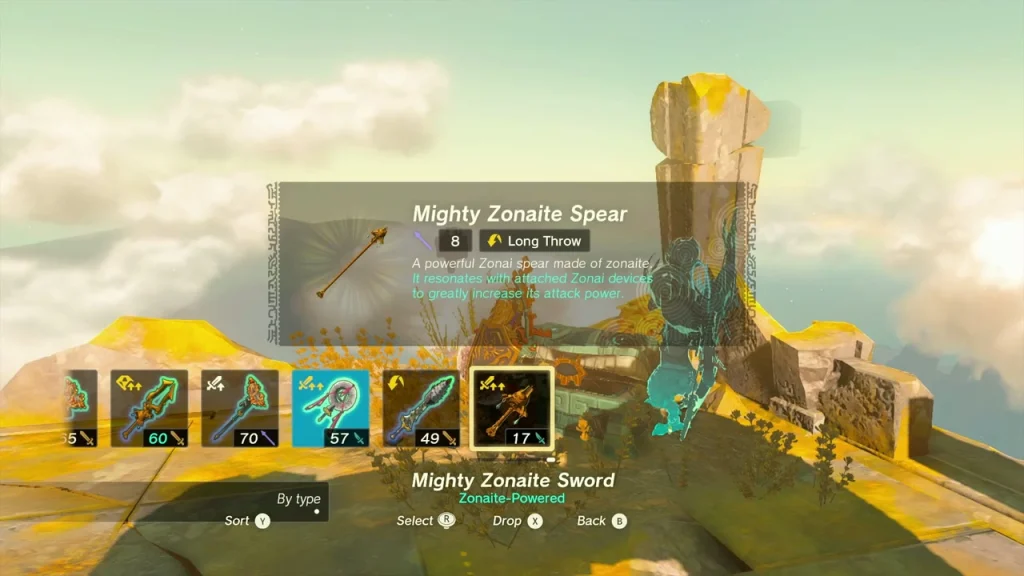 Mighty Zonaite Spear item box over the sky ruin ledge Mighty Zonaite Spear item box over the sky ruin ledge