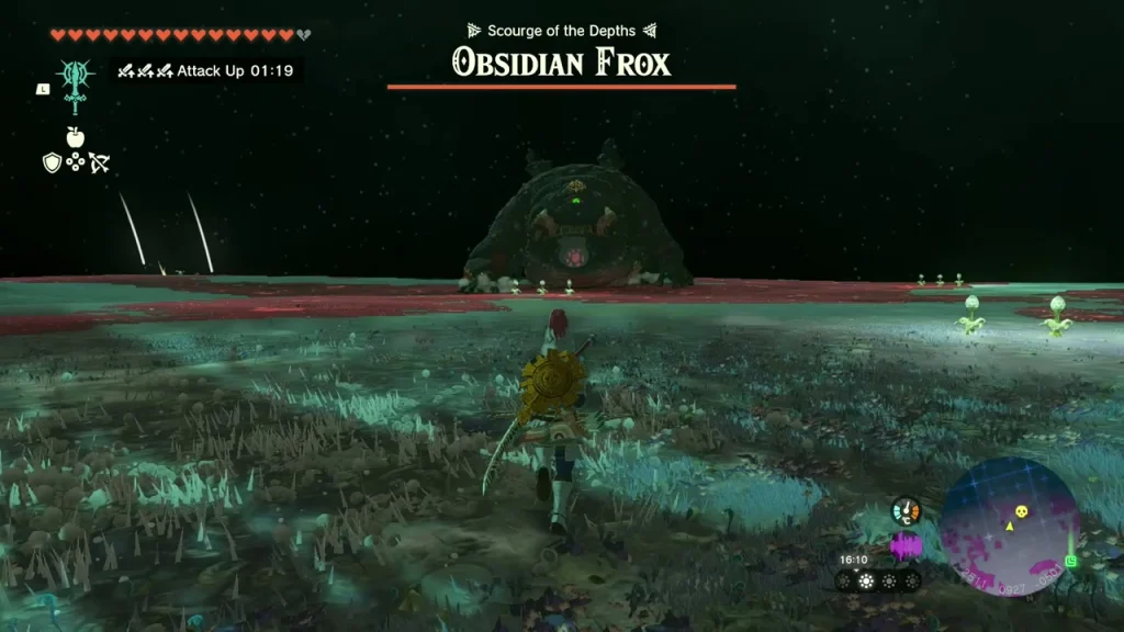 Obsidian Frox health bar over a black plain dotted with red gloom Obsidian Frox health bar over a black plain dotted with red gloom