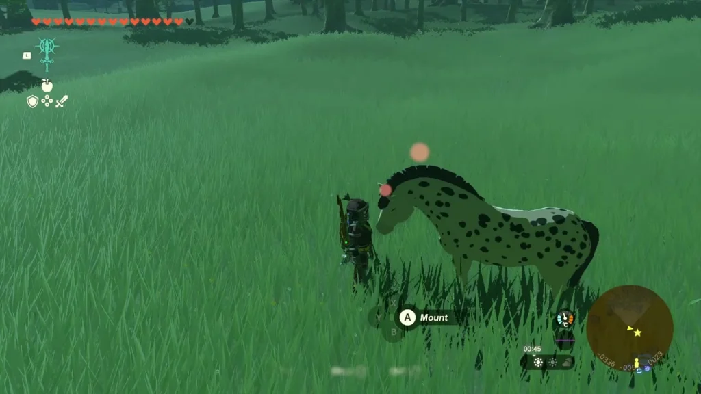 Beige dappled horse Spot standing in tall grass with the mount prompt shown Beige dappled horse Spot standing in tall grass with the mount prompt shown
