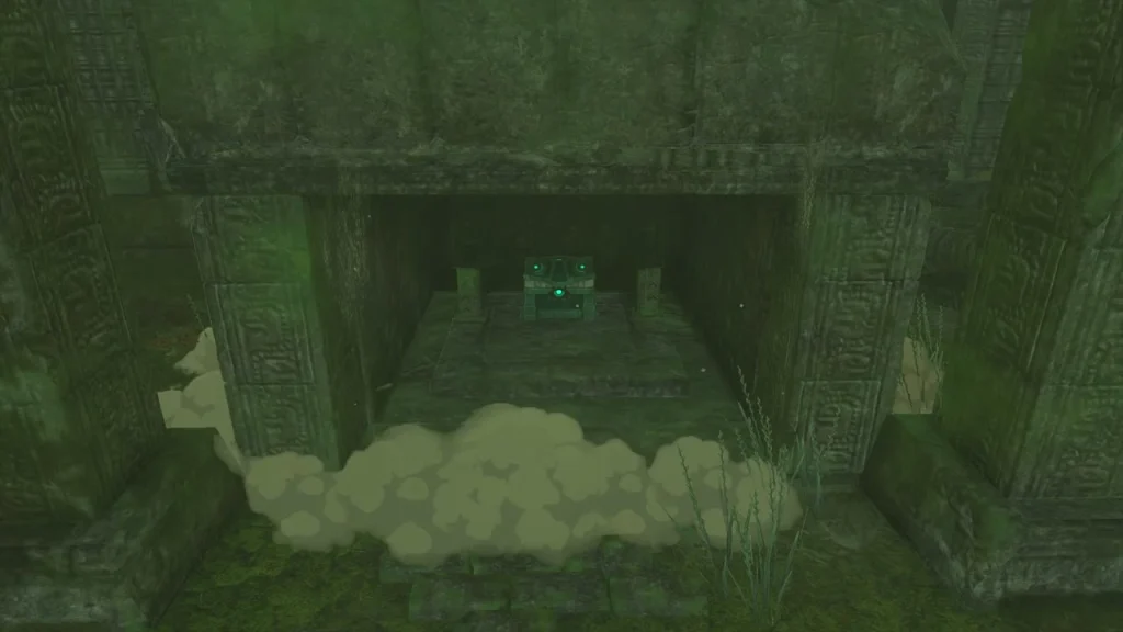 Chest at the far end of a mossy stone corridor between two dragon statues Chest at the far end of a mossy stone corridor between two dragon statues