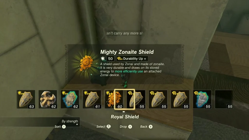 Mighty Zonaite Shield item box over the shrine chest Mighty Zonaite Shield item box over the shrine chest